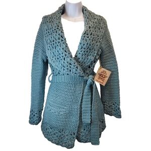 Kenji Handknit Chunky Crochet Wool Blend Women Sweater Cardigan M Blue Boho-chic